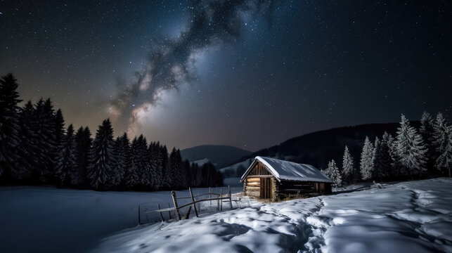 Beautiful single wooden cotage in the forest in winter in night as a symbol for solitude. Generative AI.