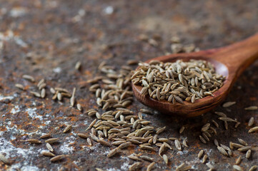Cumin seeds in wooden spoon on a textured background
