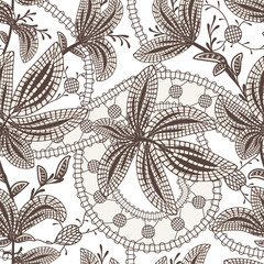 Lace embroidery floral seamless pattern. Fantasy baroque brown print with leaves and flowers. Hand drawn oriental fabric. Vector decorative background. Reticulate textile.