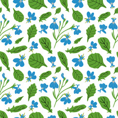 Fototapeta na wymiar Blue flowers and leaves seamless pattern. Garden flowers vector illustration.
