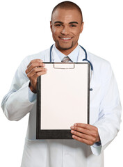 Handsome young male doctor showing blank paperclip on background