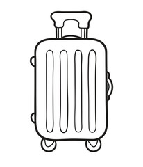 Plastic suitcase on the wheels line drawing. Vector outline illustration isolated on white background. 
