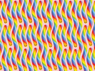 Cute jelly worms on pink background seamless pattern. Vector image of rainbow sour sweets. Repeated pattern design. 