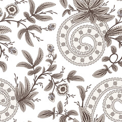 Lace embroidery floral seamless pattern. Fantasy baroque brown print with leaves and flowers. Hand drawn oriental fabric. Vector decorative background. Reticulate textile.