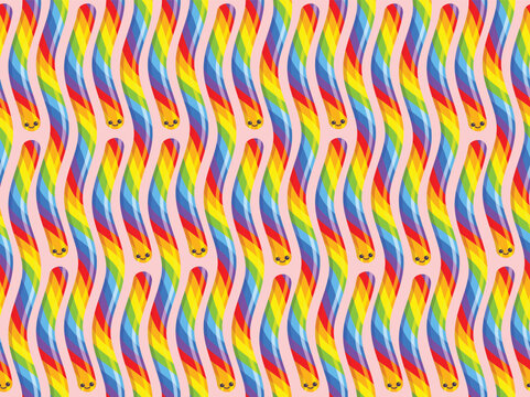 Cute Jelly Worms On Pink Background Seamless Pattern. Vector Image Of Rainbow Sour Sweets. Repeated Pattern Design. 