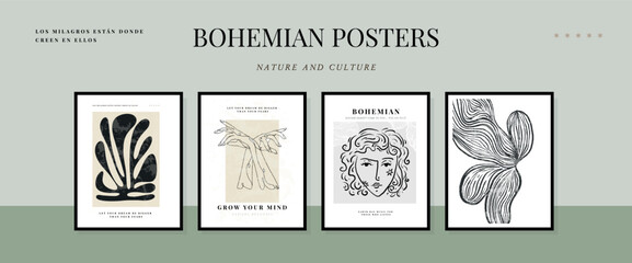 Large grid of Modern A4 posters in a modern boho style, hand-drawn. Suitable for poster, banner, print, branding