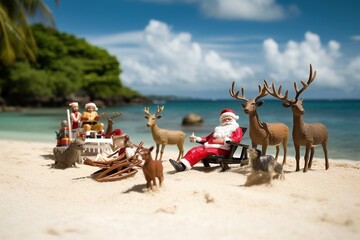 Santa Claus and Reindeer Lounging on Pristine Tropical Beach, Generated by AI