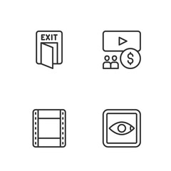 Set line Rating movie, Play video, Fire exit and Cinema auditorium with screen icon. Vector