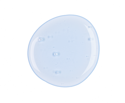 Round sample of drop blue transparent gel with bubbles isolated, clipping path, top view, PNG
