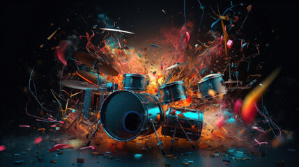 Fototapeta na wymiar Drum kit with energetic explosion, Generative AI. 