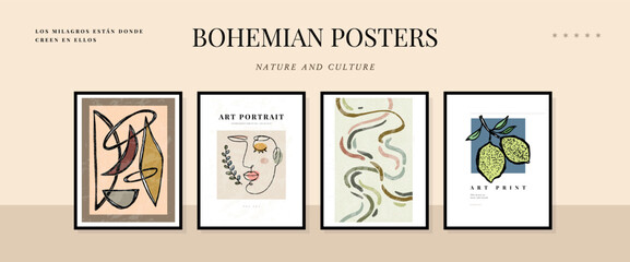 Obraz premium Large grid of Modern A4 posters in a modern boho style, hand-drawn. Suitable for poster, banner, print, branding