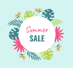 Creative, bright, colorful background with tropical leaves. Summer sale, poster template, greeting card, banner.