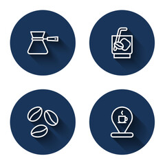 Set line Coffee turk, Espresso tonic coffee, beans and Location with cup with long shadow. Blue circle button. Vector