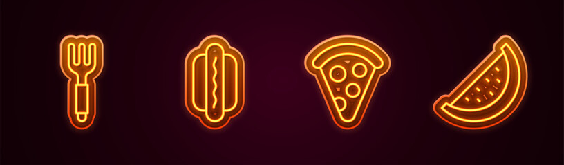 Obraz premium Set line Fork, Hotdog, Slice of pizza and Watermelon. Glowing neon icon. Vector
