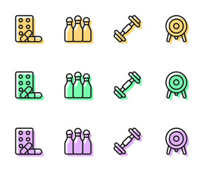 Set line Dumbbell, Sports doping with dumbbell, Bowling and Target sport icon. Vector