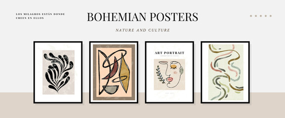 Large grid of Modern A4 posters in a modern boho style, hand-drawn. Suitable for poster, banner, print, branding