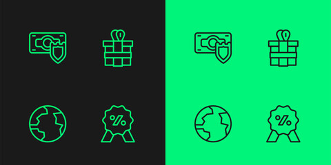 Set line Discount percent tag, Worldwide, Money with shield and Gift box icon. Vector