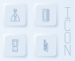 Set line Balalaika, Harmonica, African djembe drum and Keytar. White square button. Vector