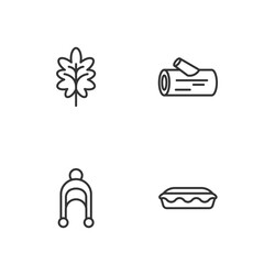 Set line Homemade pie, Winter hat, Leaf and Wooden log icon. Vector