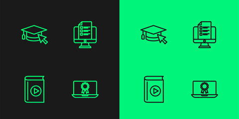 Set line Online education with diploma, Audio book, Graduation cap cursor and quiz, test, survey icon. Vector