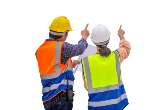 Female engineer and foreman worker checking project at building site, Engineer and builders in hardhats discussing on construction site, Teamwork concepts