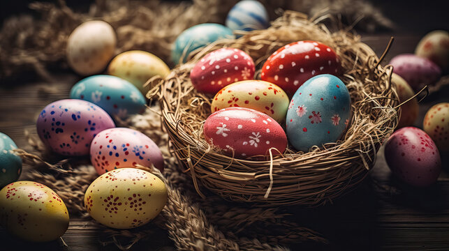 Composition of Easter colorful eggs with ornament in basket on wooden background. Selective focus