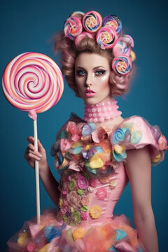 Portrait of woman with cotton candy styled dress and lollipop. Generative Ai.