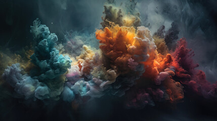 Obraz na płótnie Canvas Coloured light and smoke combining to form a spiritual ethereal landscape. Generative Ai