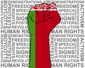 Raised fist on Belarus flag, political news banner, victory or win concept, freedom symbol