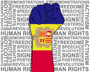 Raised fist on Andorra flag, political news banner, victory or win concept, freedom symbol