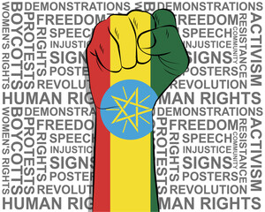 Raised fist on Ethiopia flag, political news banner, victory or win concept, freedom symbol