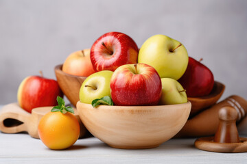 Naklejka na ściany i meble Apples in a wooden plate.