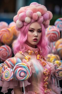 Portrait of woman with cotton candy styled dress and lollipop. Generative Ai.