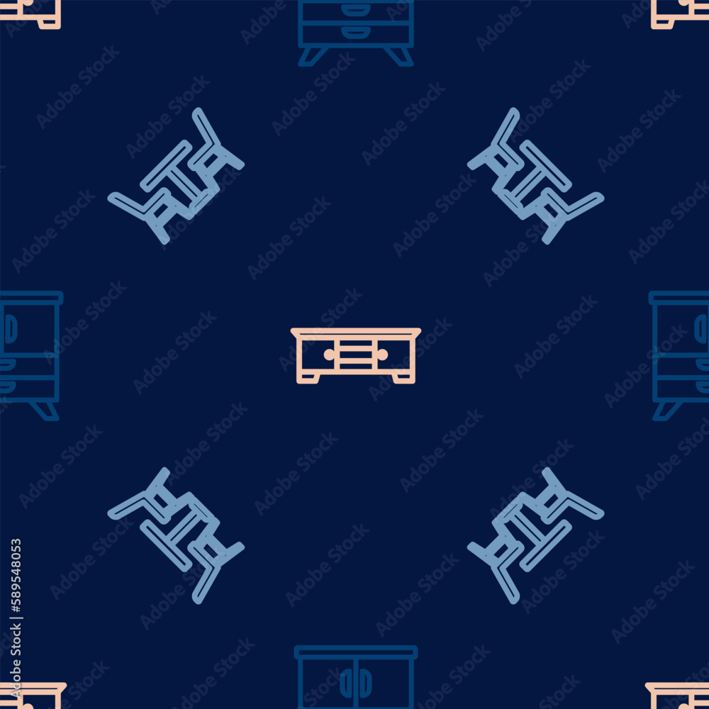 Poster set line chest of drawers, table with chair and tv table stand on seamless pattern. vector