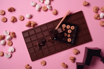 Chocolate heart on pink background.