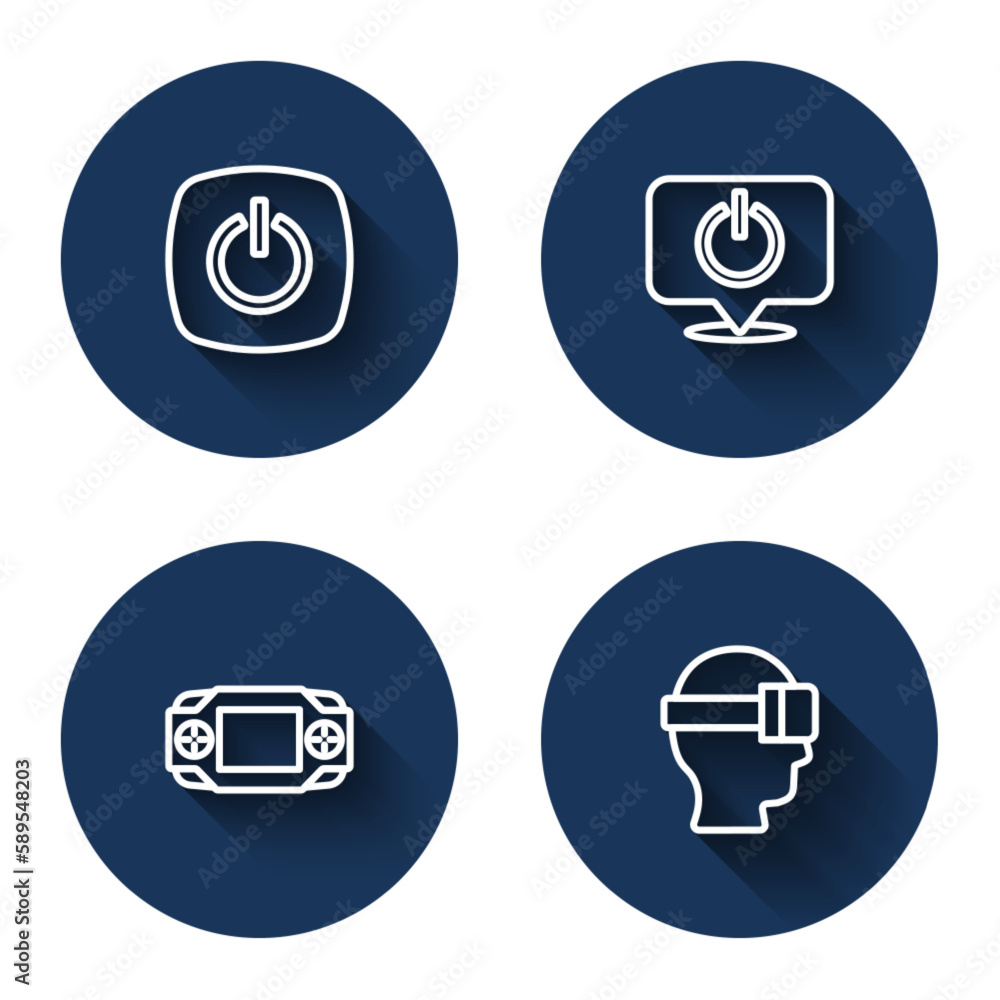 Poster set line power button, portable video game console and virtual reality glasses with long shadow. blu