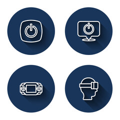 Fototapeta premium Set line Power button, Portable video game console and Virtual reality glasses with long shadow. Blue circle button. Vector