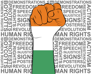 Raised fist on Ivory Coast flag, political news banner, victory or win concept, freedom symbol