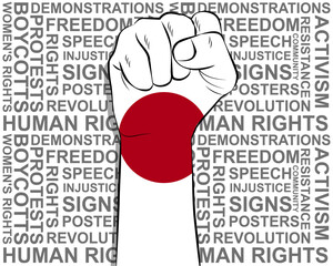 Raised fist on Japan flag, political news banner, victory or win concept, freedom symbol