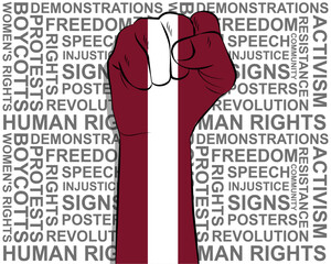 Raised fist on Latvia flag, political news banner, victory or win concept, freedom symbol