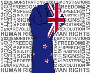 Raised fist on New Zealand flag, political news banner, victory or win concept, freedom symbol