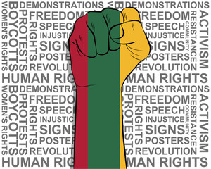 Raised fist on Lithuania flag, political news banner, victory or win concept, freedom symbol