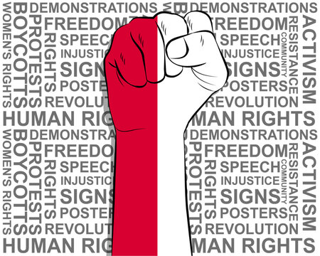 Raised fist on Poland flag, political news banner, victory or win concept, freedom symbol