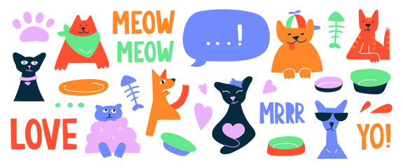Bright vector collection with funny cats and doodles. Decorative abstract horizontal banner with colorful designs. Hand drawn modern cartoon illustration with cats, lettering, abstract elements.