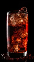 a cooling drink with ice in a glass beaker on a dark background. Generative AI