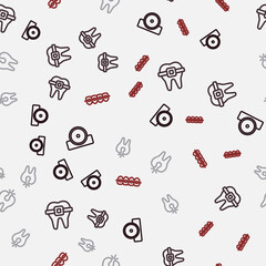 Set line Otolaryngological head reflector, Teeth with braces, Broken tooth and on seamless pattern. Vector