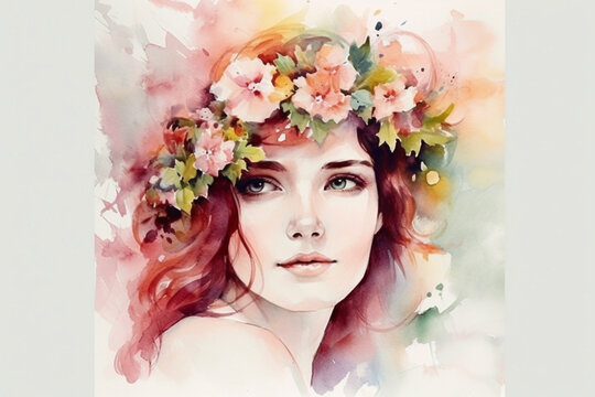 Portrait of an attractive woman with a wreath of flowers in her hair. The image of spring and youth. AI generated