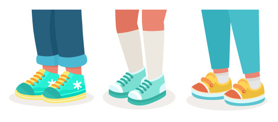 Kid feet in sneakers. Walking legs in sport shoes with socks, pants and jeans. Trendy fashion fitness footwear concept