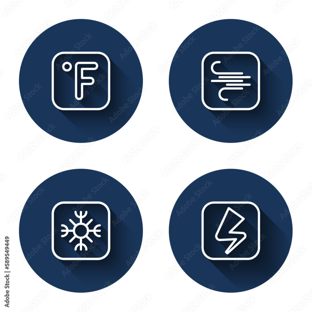 Poster set line fahrenheit, wind, snowflake and lightning bolt with long shadow. blue circle button. vector