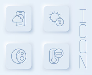 Set line Weather forecast app, Sun, Moon phases and Thermometer. White square button. Vector